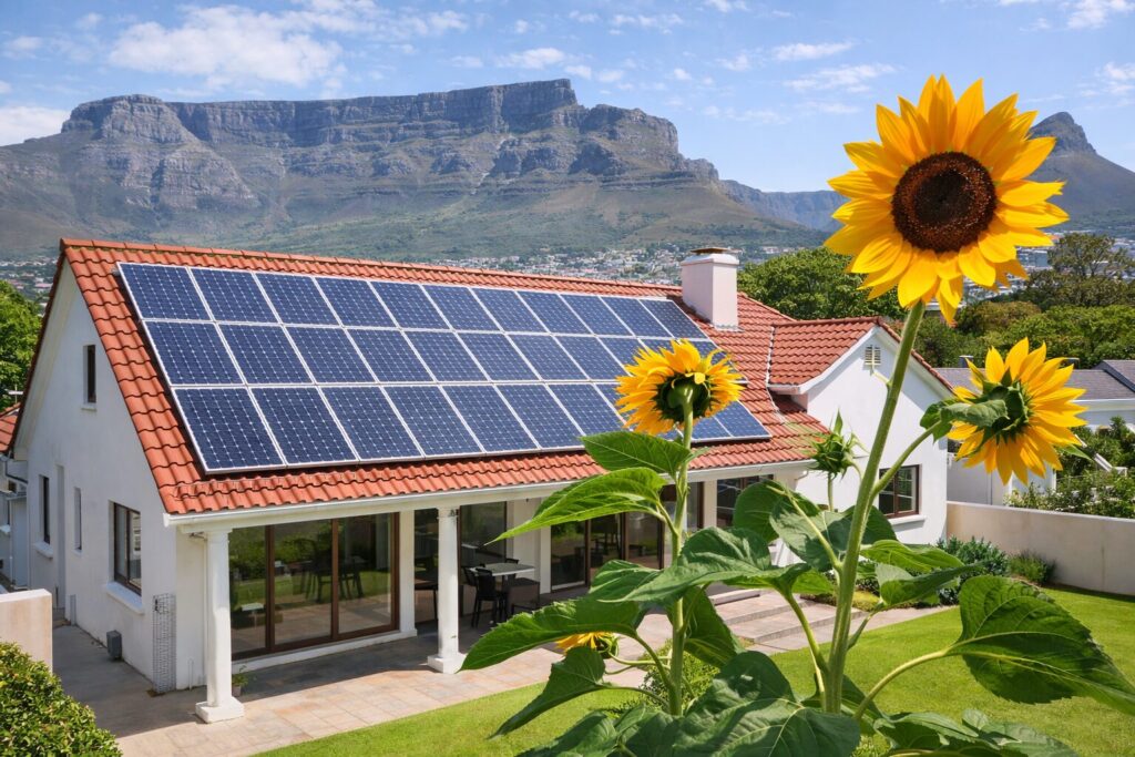 Eco-friendly home with sunflowers and Table Mountain
