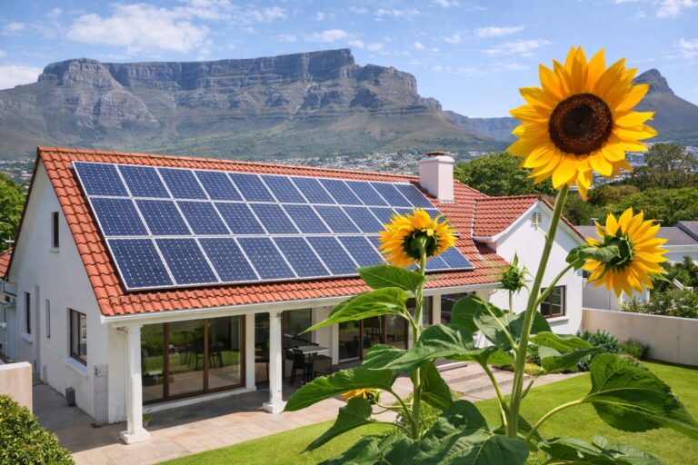 Eco-friendly home with sunflowers and Table Mountain