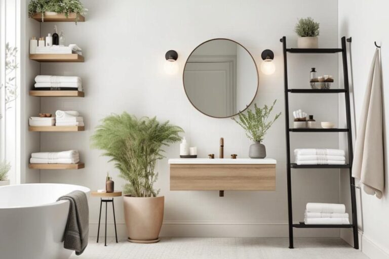 farmhouse-bathroom-ideas-floating vanity round mirror