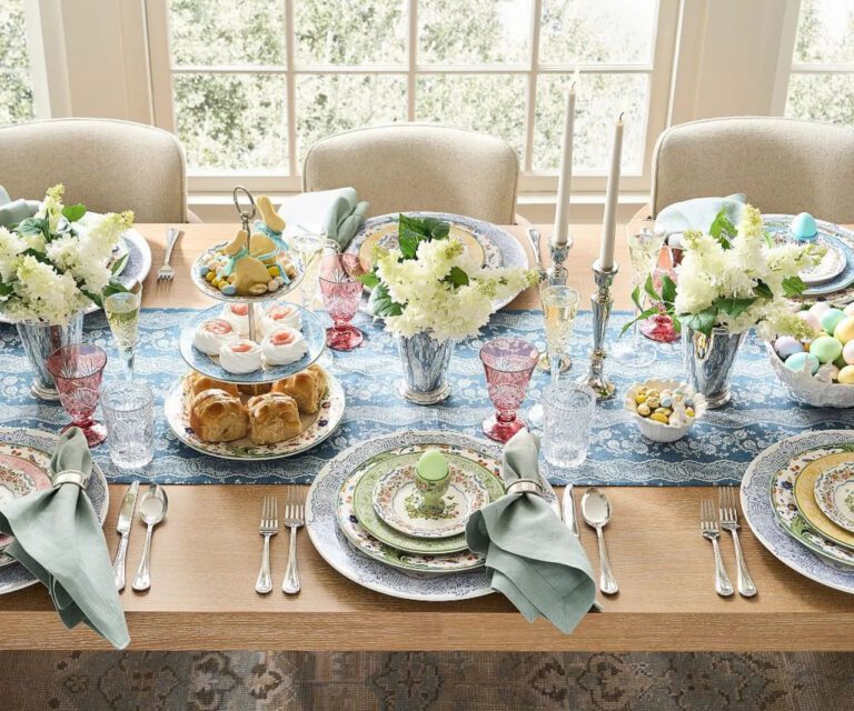 Neutral Easter table setting with fresh flowers and painted eggs in Cape Town home