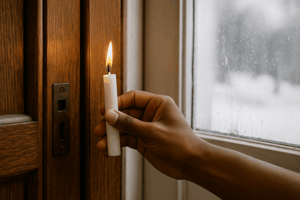 Close-up of a person’s hand holding a lit candle or incense stick near the edge of a wooden door to detect a cold draft, soft winter light, realistic photography
