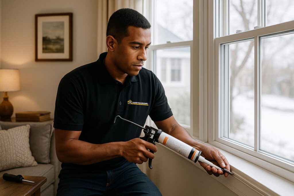 A handyman repairing a rattling window frame, using tools and sealant, inside a cozy living room with winter light streaming in, realistic photography style