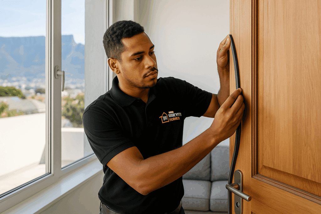 A professional handyman in a black t-shirt with a Handyman Homes logo, sealing a wooden door frame with weatherstripping inside a modern Cape Town home, Table Mountain faintly visible through the window, bright natural light, high detail, realistic photography style