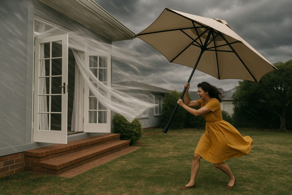 Dramatic scene of a Cape Town home interior with curtains billowing and an outdoor umbrella caught in strong summer winds, symbolizing the coming Cape Doctor.