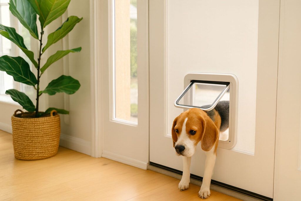 A tricolor beagle dog happily using a pet flap in a bright Cape Town home with hardwood floors and a plant nearby.