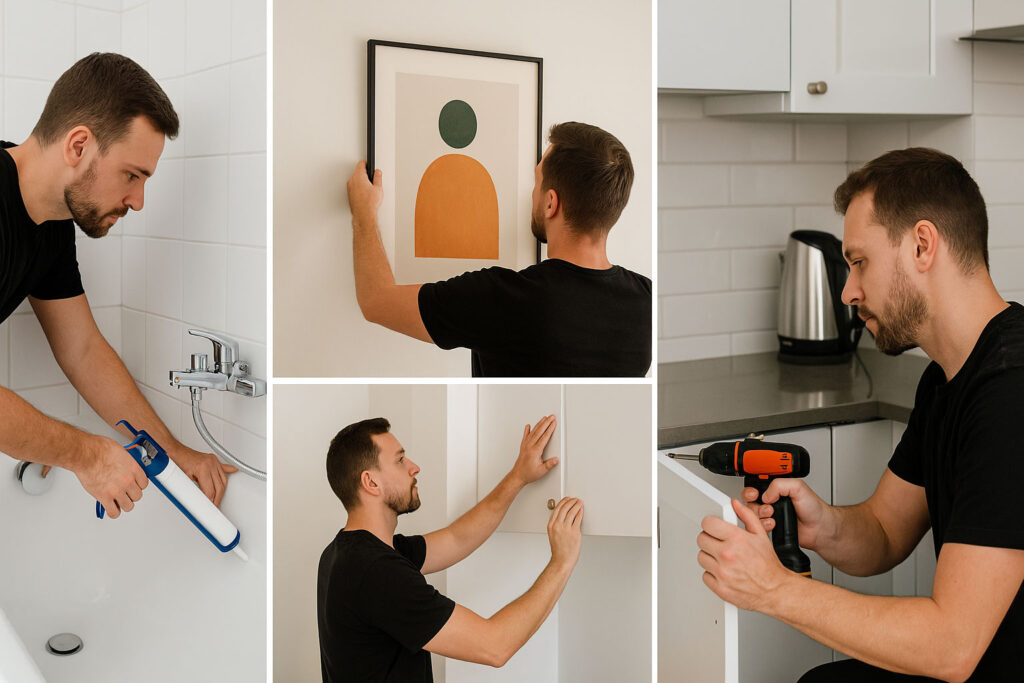 Collage showing a handyman sealing a bathroom shower, hanging framed artwork in a living room, and fixing kitchen cupboards in a Cape Town home.