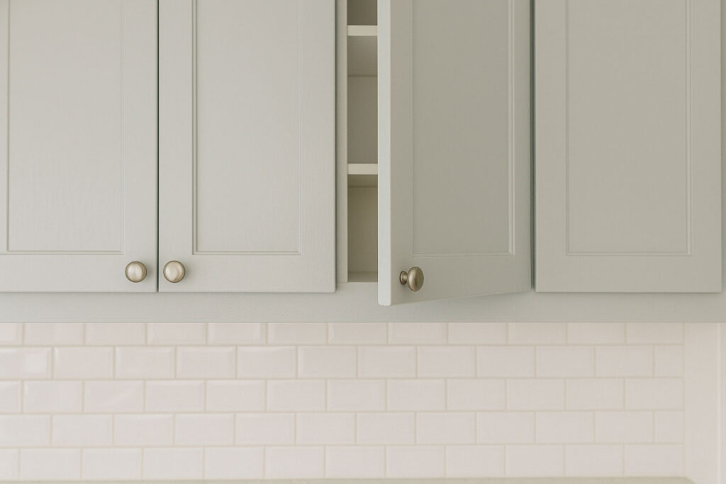 Close-up of a light gray kitchen cabinet with one door hanging skew and not closing properly, highlighting the need for handyman repair.