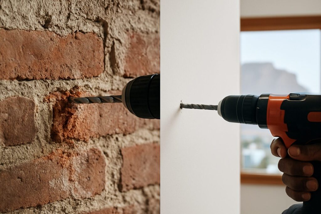 Split image showing the difference between drilling into old red brick and plaster versus clean modern drywall found in Cape Town homes.