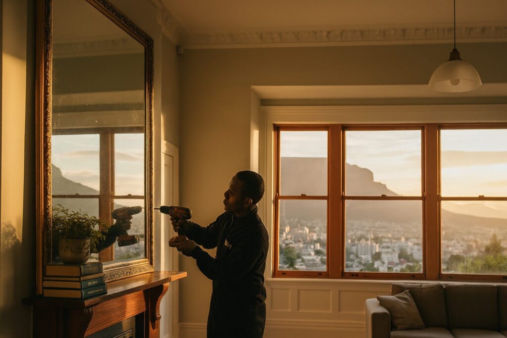 Professional hanging of a large, heavy mirror over a fireplace mantle in a Victorian home in Gardens, Cape Town. Expert Handyman service.