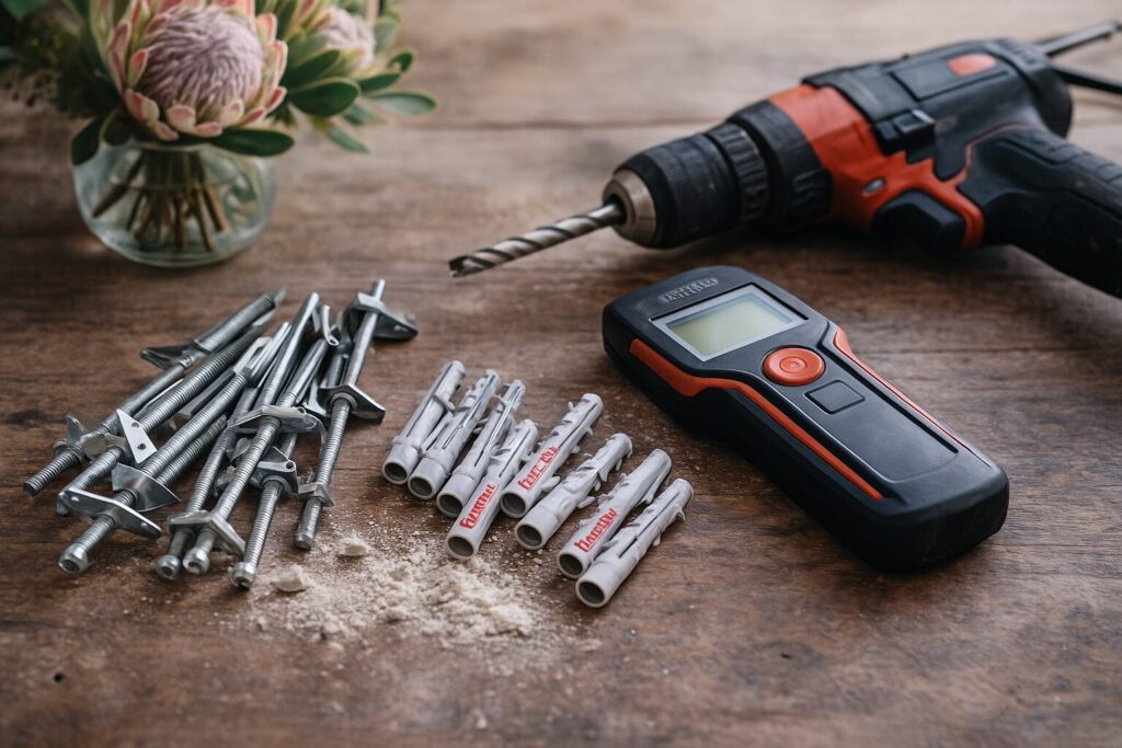 Professional tools for hanging: Flat lay of metal toggle bolts, specialist nylon masonry plugs, and stud finder used by Handyman Homes technicians.