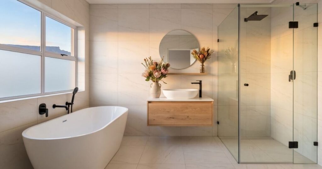 A modern Cape Town bathroom featuring large-format porcelain tiles, a freestanding oval bath, and matte black tapware with a view of Table Mountain.
