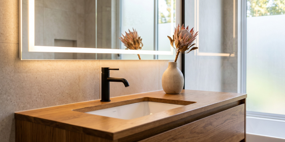 A floating timber bathroom vanity with an undermount basin, matte black mixer, and an LED-backlit frameless mirror.