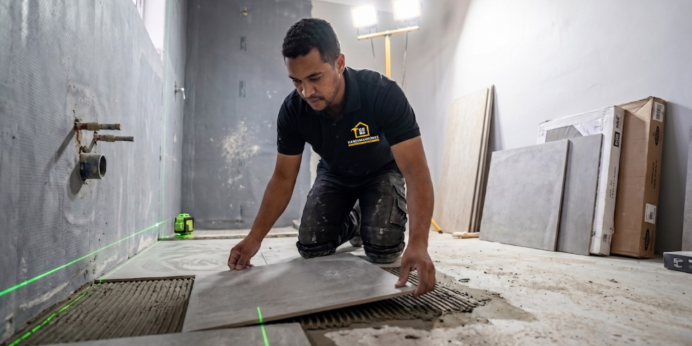 A Handyman Homes tiler using a laser level to align large-format porcelain tiles on a waterproofed bathroom floor.