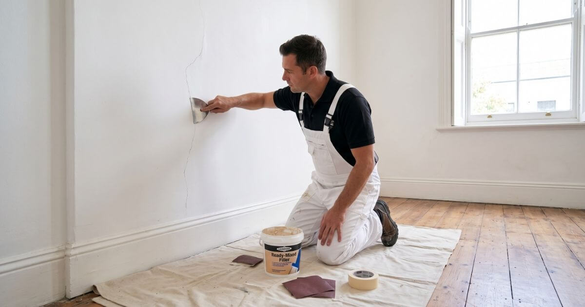 A professional painter filling and feathering a hairline crack on a high-ceilinged interior wall in a classic Cape Town home.