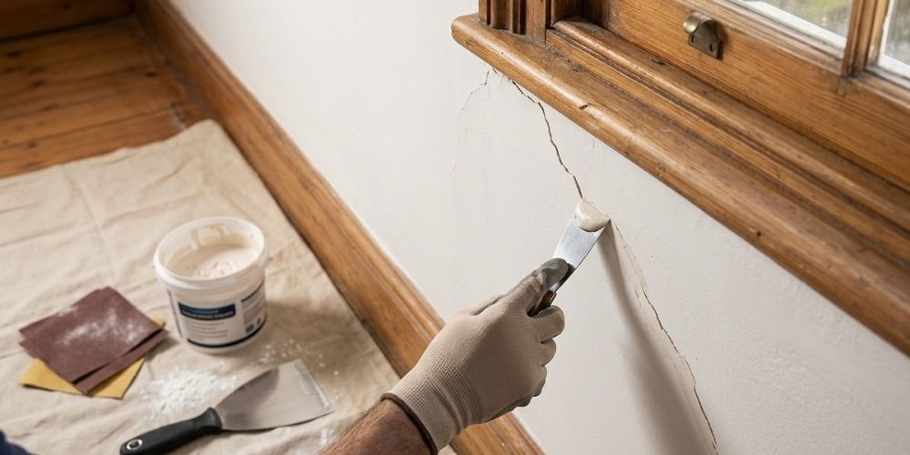 Close-up of a painter applying flexible filler to a diagonal settlement crack near a window frame on a white plaster wall.