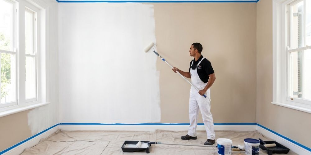 A Handyman Homes painter applying white primer to a freshly repaired wall with blue masking tape along the cornices.