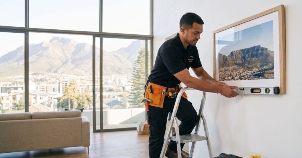 Professional Handyman Homes technician using a spirit level to hang a large frame in a modern Cape Town apartment with Table Mountain views.
