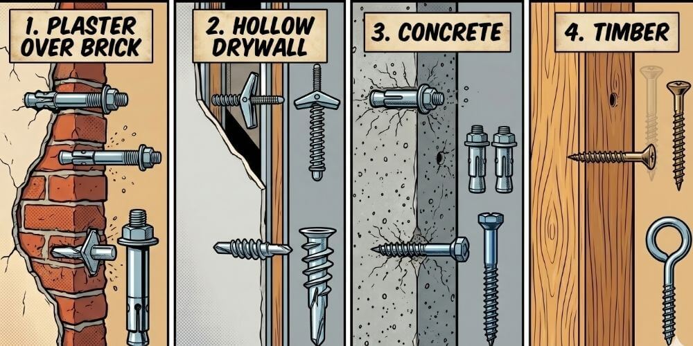 A technical graphic guide showing plaster, drywall, concrete, and timber wall types with their correct hardware fixings.