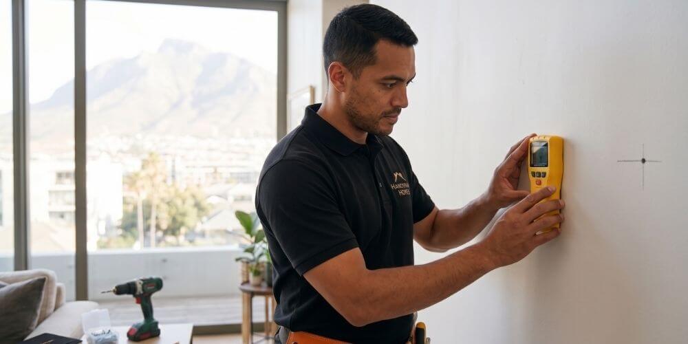 Close-up of a technician using a yellow pipe and cable detector on a white wall in a Cape Town home before drilling