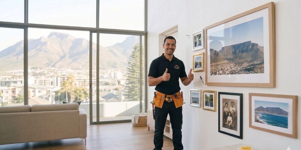 A perfectly installed gallery wall with mixed frames and a gold mirror in a stylish Cape Town living room.