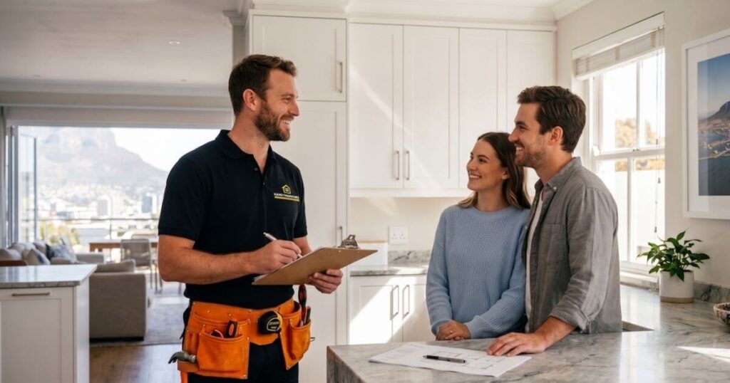 A Handyman Homes professional in a black branded polo shirt holding a quote clipboard while talking to a couple in a Cape Town kitchen.