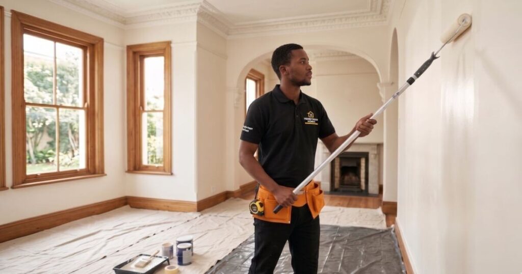 Professional Handyman Homes painter using a roller on an extension pole to apply white paint in a high-ceilinged Cape Town living room.