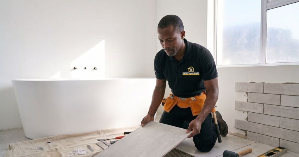 A professional tiler from Handyman Homes laying large-format grey porcelain tiles in a modern Cape Town bathroom.