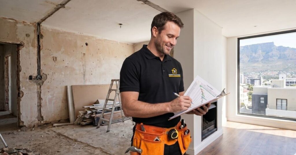 A Handyman Homes project manager reviewing a timeline in a Cape Town home that is half-renovated, showing raw plaster vs. finished paint.