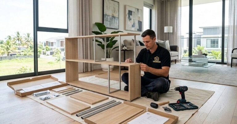 A Handyman Homes technician in a branded polo shirt assembling a large flatpack shelving unit in a bright Cape Town apartment.