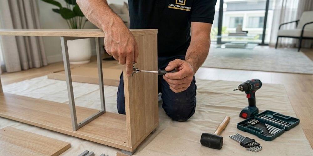Close-up of a handyman’s hands tightening a cam lock on a furniture panel with a screwdriver in a modern home.