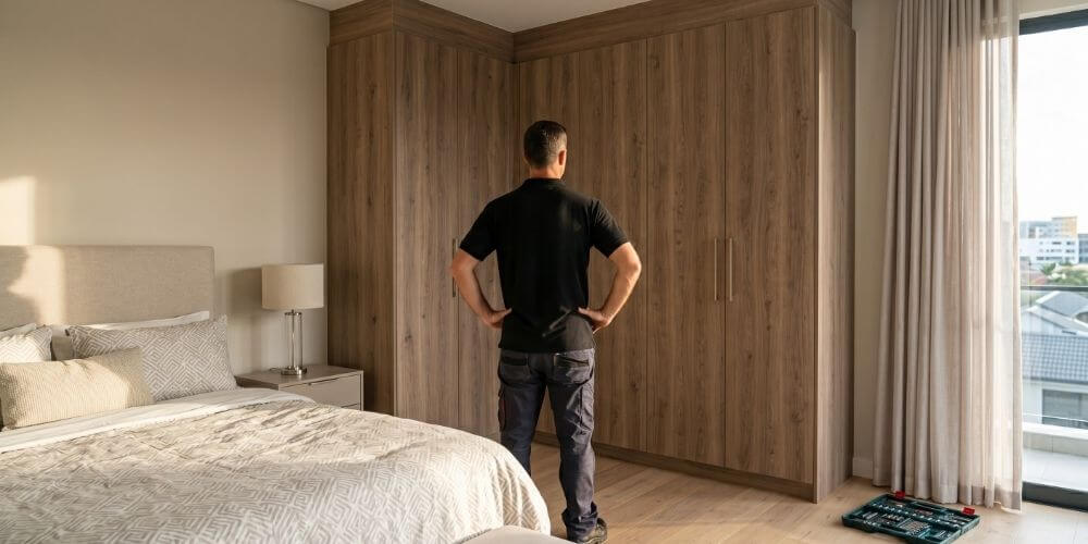 A fully assembled large timber-effect wardrobe in a modern bedroom with a Handyman Homes professional standing nearby.