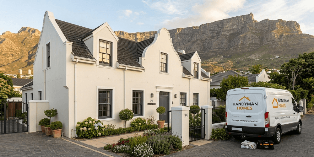 A freshly painted Cape Dutch style home in Cape Town with warm white walls and charcoal trim, featuring a branded Handyman Homes painting service van parked in the driveway and Table Mountain in the background.