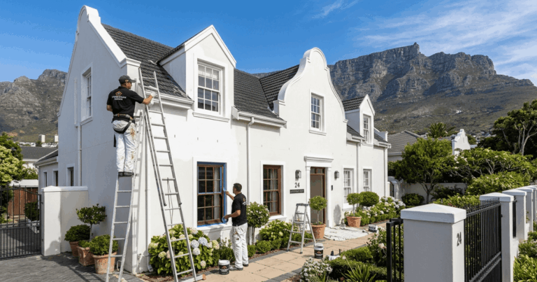 Two professional Handyman Homes painters in branded black polos and white overalls painting a double-storey Cape Dutch style home with Table Mountain in the background. One painter is on a tall ladder while the other masks window frames.