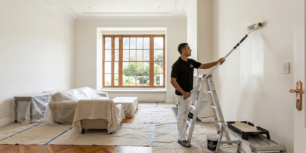 A Handyman Homes painter using an extension pole and roller to apply warm white paint to a high-ceiling living room wall, with protective drop sheets covering the timber floor.