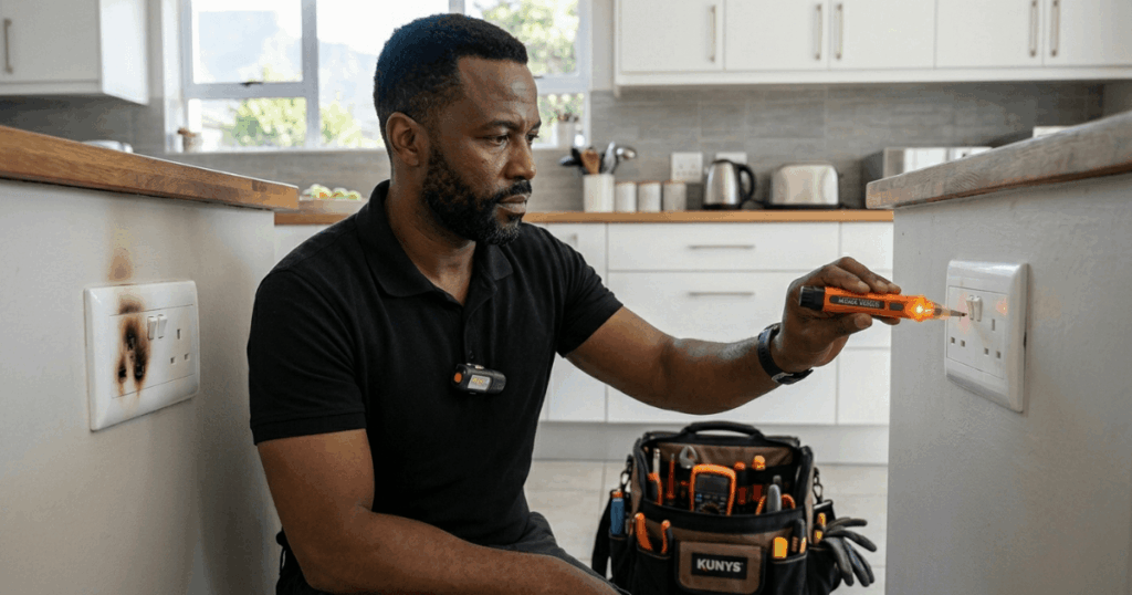 A Handyman Homes electrician using a non-contact voltage tester on a scorched double electrical socket in a Cape Town kitchen.