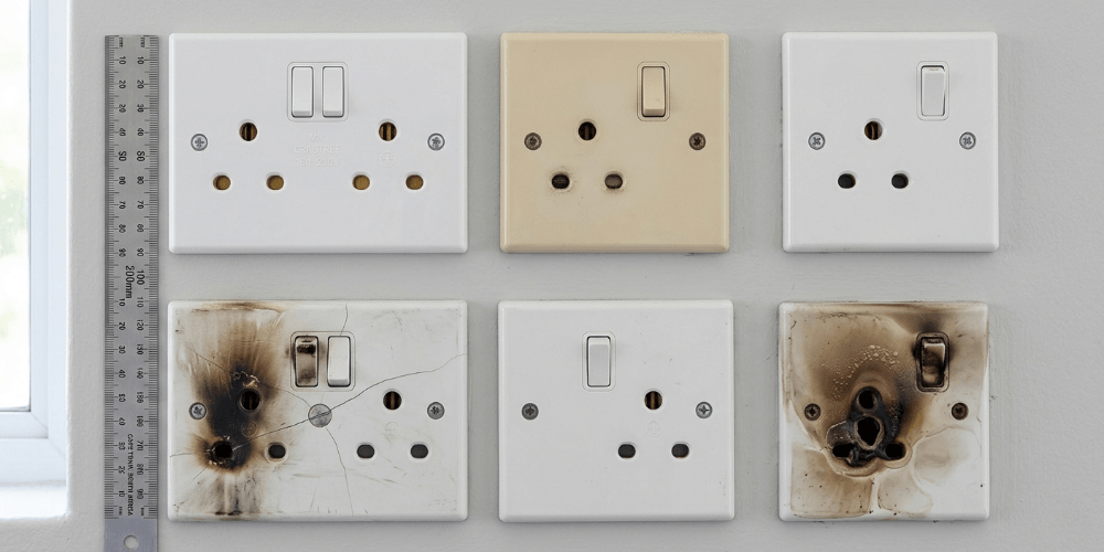A comparison of four wall sockets showing various stages of damage, from a new unit to a melted and discolored faceplate.