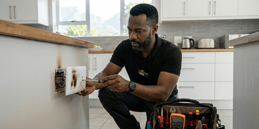 A Handyman Homes electrician removing a cracked and browned socket faceplate to inspect the internal wiring in a Cape Town home.