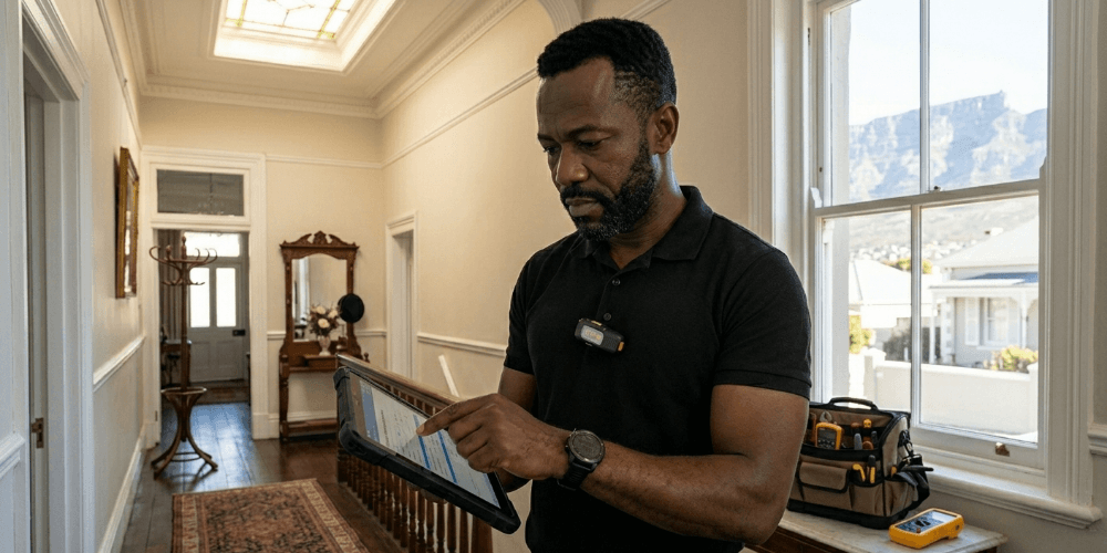 An electrician completing a digital safety report on a tablet inside a Cape Town Victorian home with a view of Table Mountain.