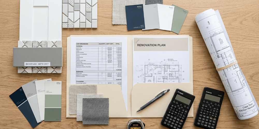 Flat-lay overview of a Cape Town kitchen renovation planning folder with Handyman Homes branding, material fabric swatches, tile samples, paint chips, a calculator, and rolled floor plans.