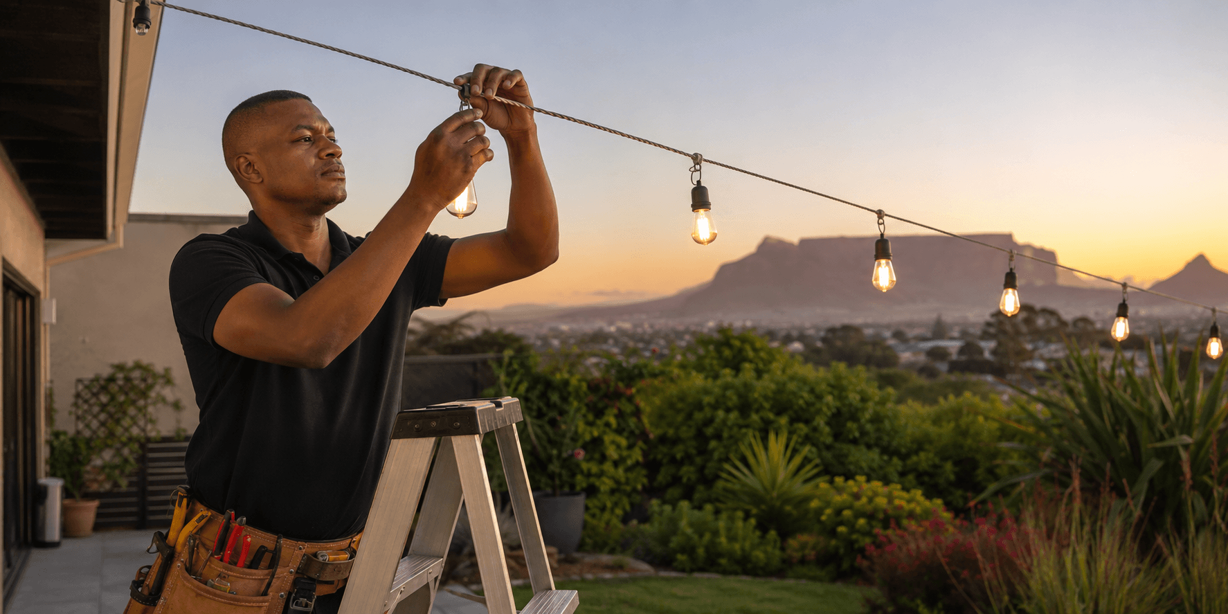 Handyman Homes electrician tensioning a steel wire for festoon lights on a Cape Town patio