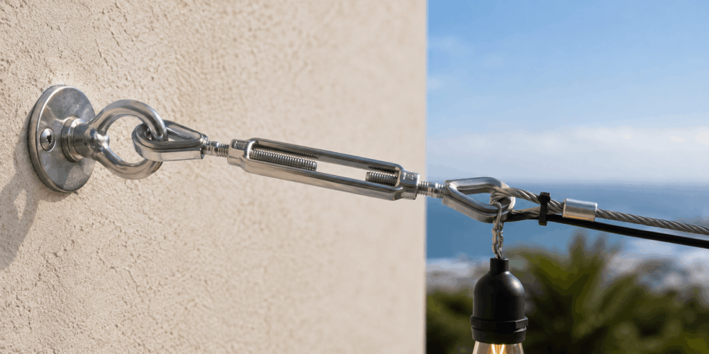 Stainless steel turnbuckle and catenary wire fixing for outdoor lights in a Cape Town home