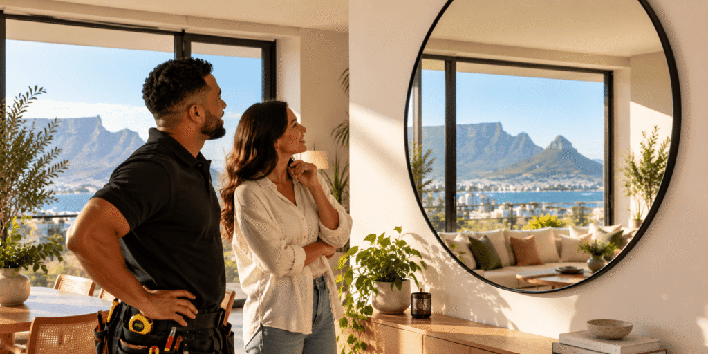 Two-point D-ring fixing used to hang a heavy mirror level in Cape Town